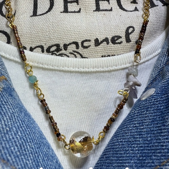 Gold and Brown Minimalist Beaded Necklace gemstones - Picture 2 of 4